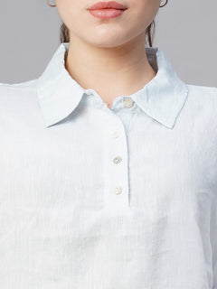 Women's Linen Regular Fit White Patch Pocket Blouse Blue