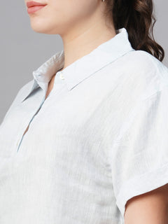 Women's Linen Regular Fit White Patch Pocket Blouse Blue