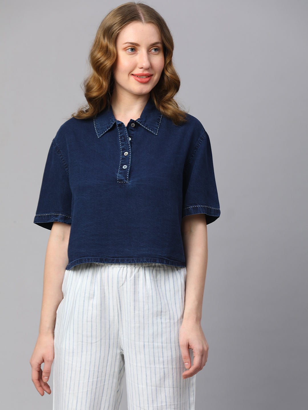 Women's Indigo Cotton Boxy Fit Blouse