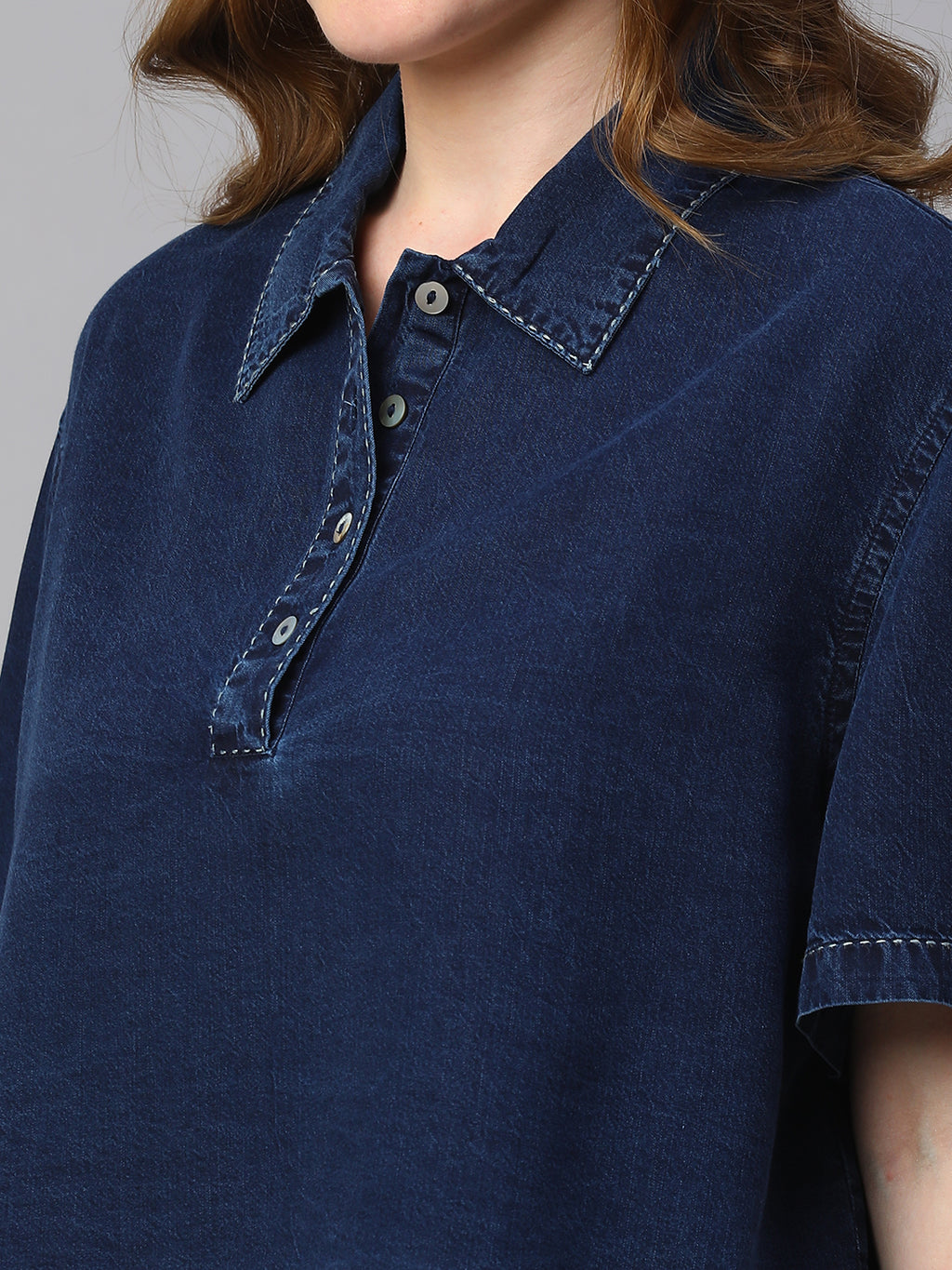 Women's Indigo Cotton Boxy Fit Blouse