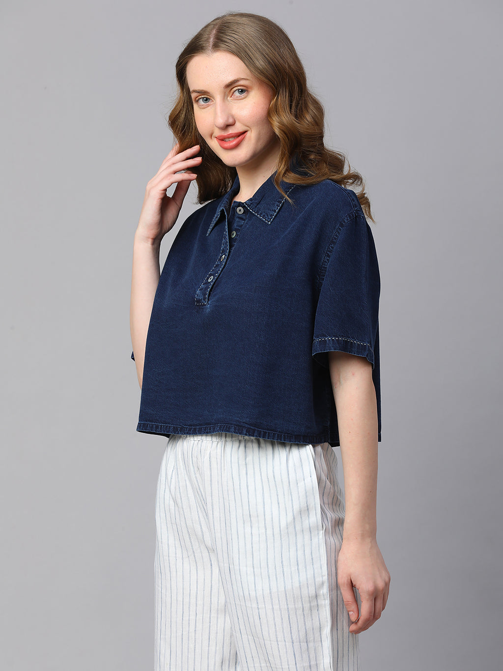 Women's Indigo Cotton Boxy Fit Blouse