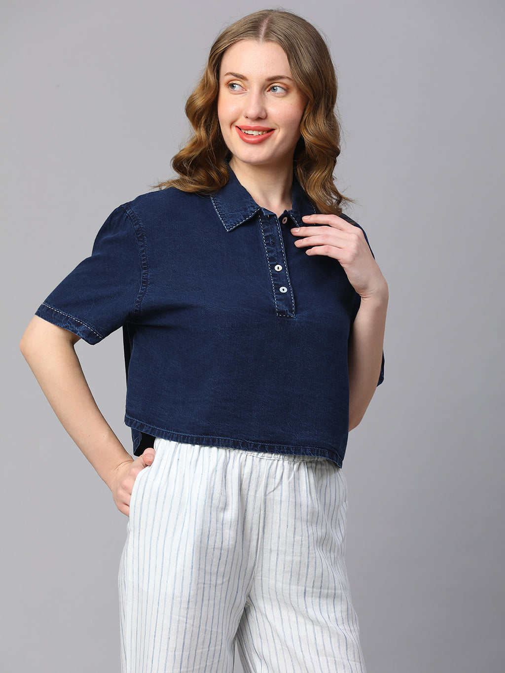Women's Indigo Cotton Boxy Fit Blouse