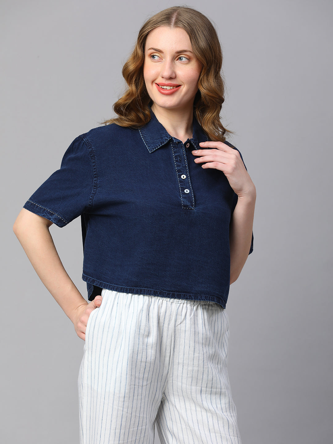 Women's Indigo Cotton Boxy Fit Blouse