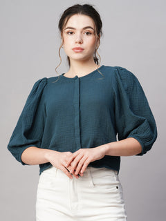 Women's Cotton Regular Fit Puff Sleeve Blouse Blue