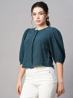 Women's Cotton Regular Fit Puff Sleeve Blouse Blue