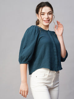 Women's Cotton Regular Fit Puff Sleeve Blouse Blue