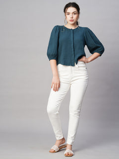 Women's Cotton Regular Fit Puff Sleeve Blouse Blue