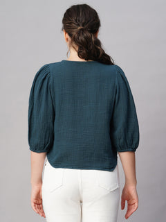 Women's Cotton Regular Fit Puff Sleeve Blouse Blue
