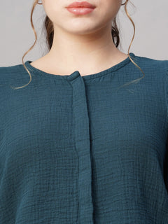 Women's Cotton Regular Fit Puff Sleeve Blouse Blue