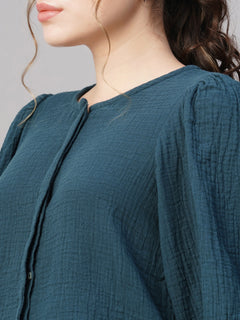 Women's Cotton Regular Fit Puff Sleeve Blouse Blue
