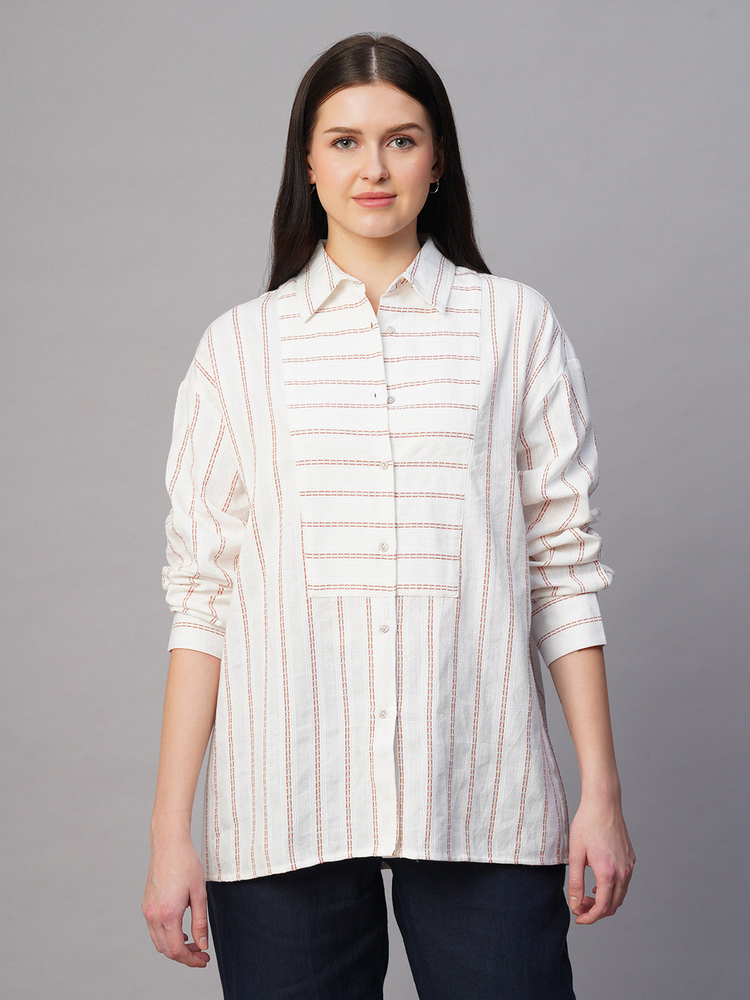 Women's Rust/Natural Cotton Linen Boxy Fit Blouse