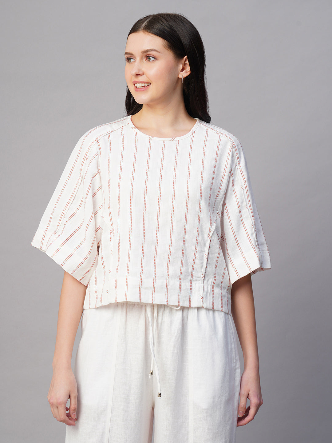 Women's Rust/Natural Cotton Linen Boxy Fit Blouse