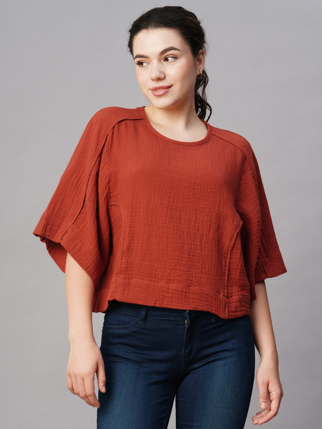 Women's Rust Cotton Boxy Fit Blouse