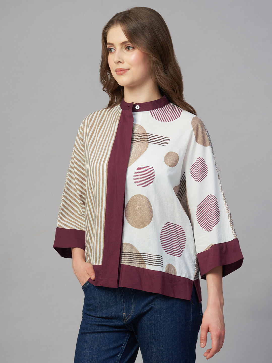 Women's Maroon 100% Cotton Boxy Fit Blouse