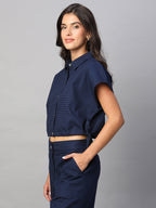 Women's Navy 100% Cotton Regular Fit Blouse