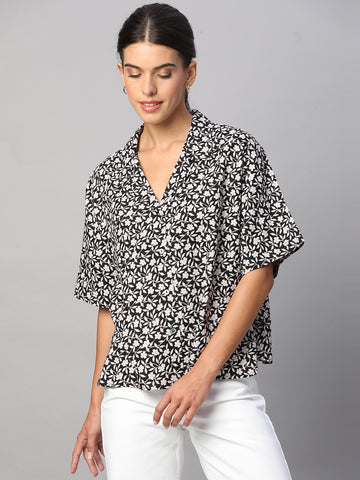 Women's Black Linen Viscose Boxy Fit Blouse
