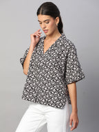 Women's Black Linen Viscose Boxy Fit Blouse