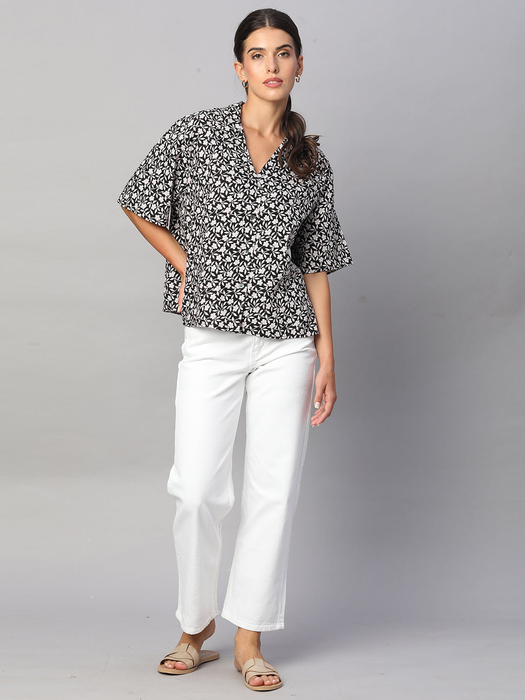 Women's Black Linen Viscose Boxy Fit Blouse