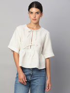 Women's Beige 100% Linen Regular Fit Blouse
