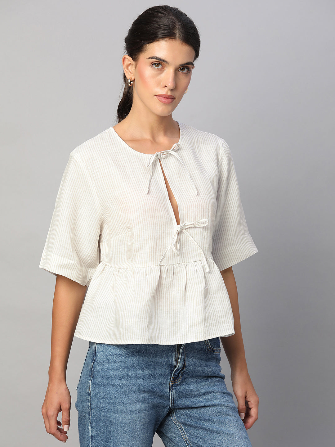 Women's Beige 100% Linen Regular Fit Blouse