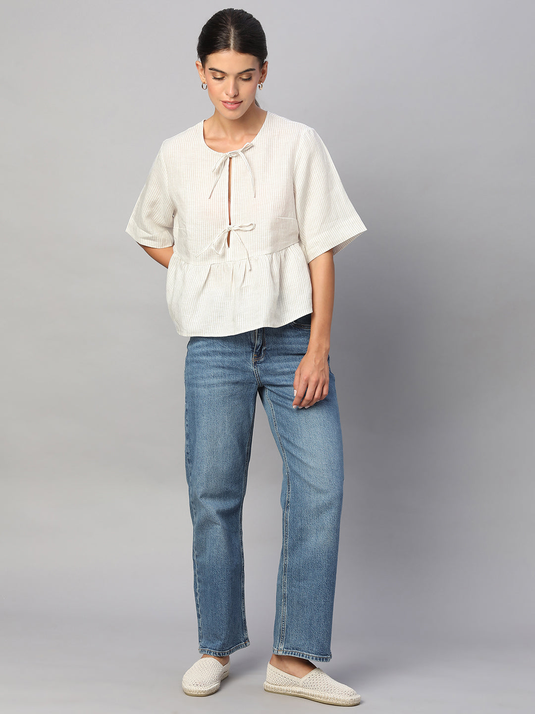 Women's Beige 100% Linen Regular Fit Blouse