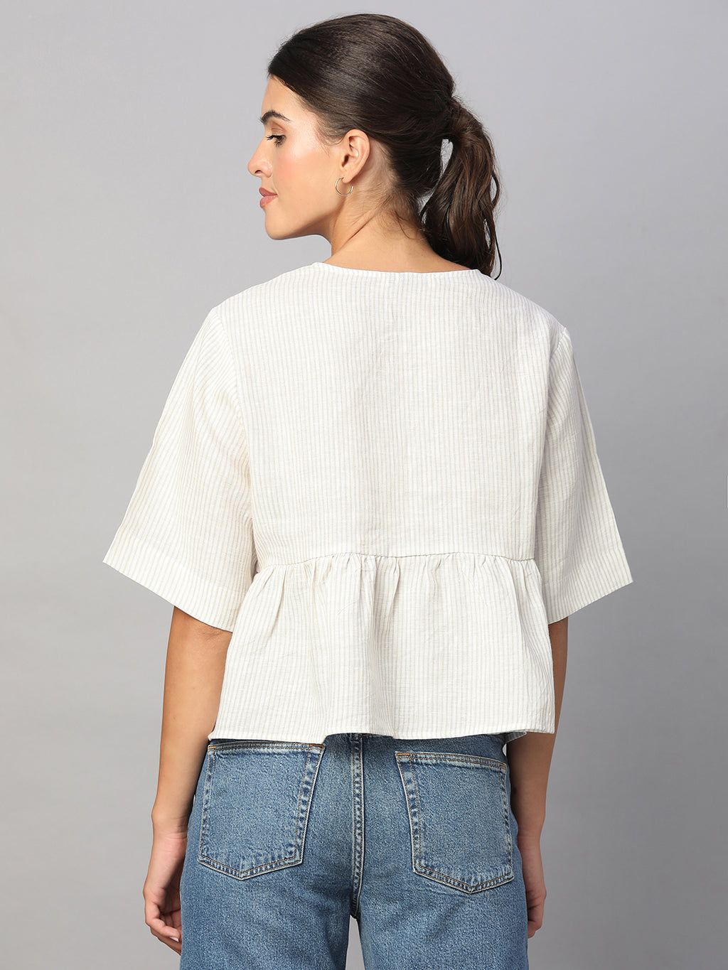 Women's Beige 100% Linen Regular Fit Blouse