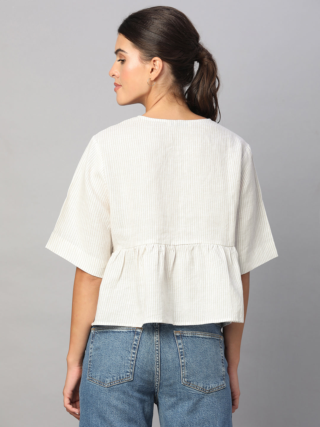 Women's Beige 100% Linen Regular Fit Blouse