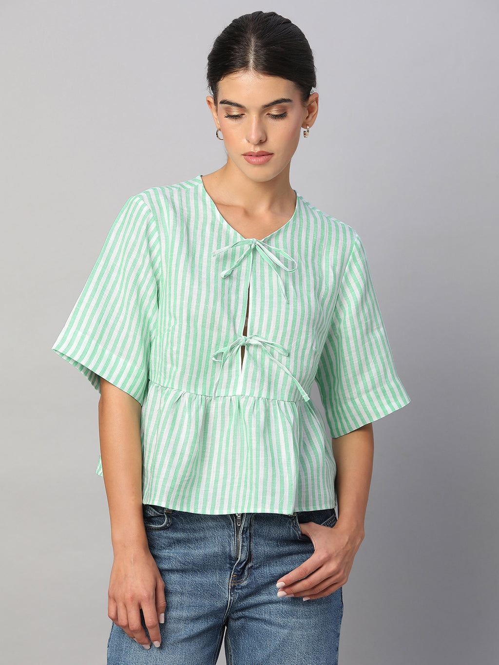 Women's Green 100% Linen Regular Fit Blouse