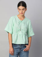 Women's Green 100% Linen Regular Fit Blouse