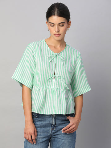 Women's Green 100% Linen Regular Fit Blouse