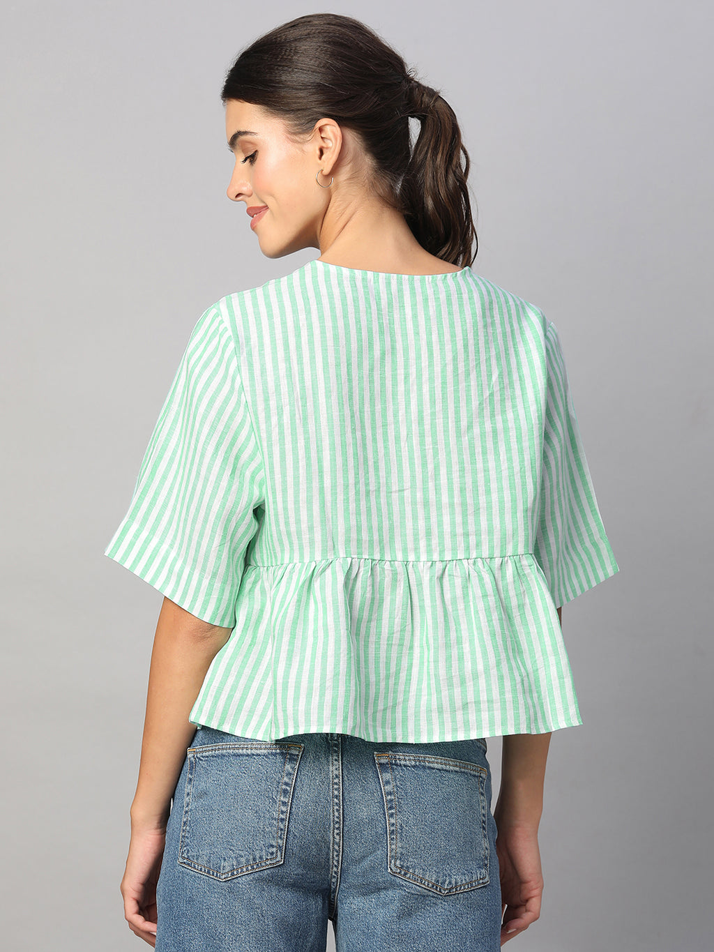 Women's Green 100% Linen Regular Fit Blouse