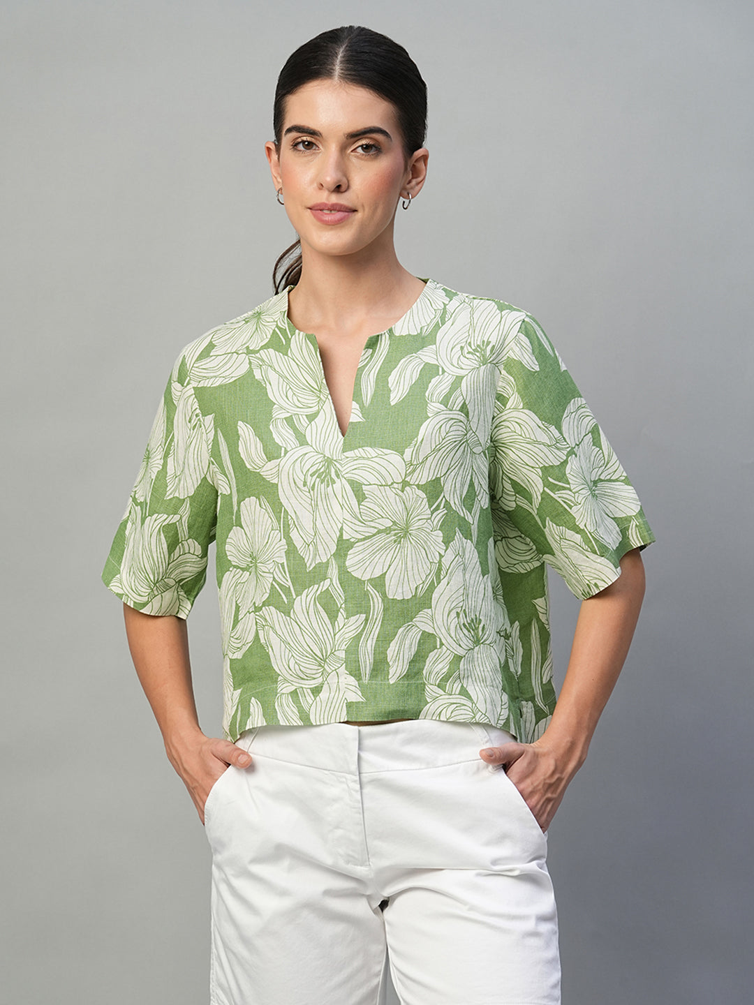 Women's Green 100% Linen Regular Fit Blouse