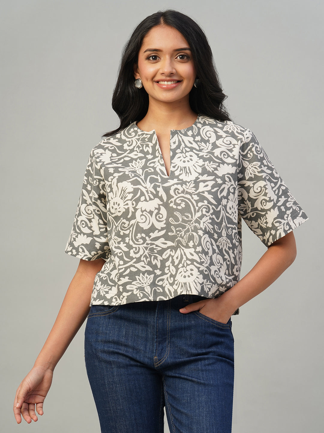 Women's Grey 100% Cotton Regular Fit Blouse