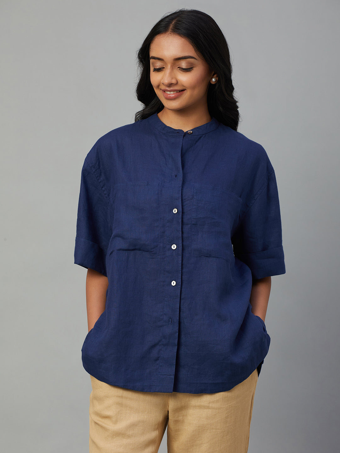 Women's Blue 100% Linen Boxy Fit Blouse