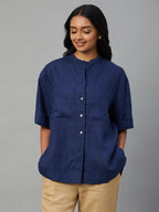 Women's Blue 100% Linen Boxy Fit Blouse