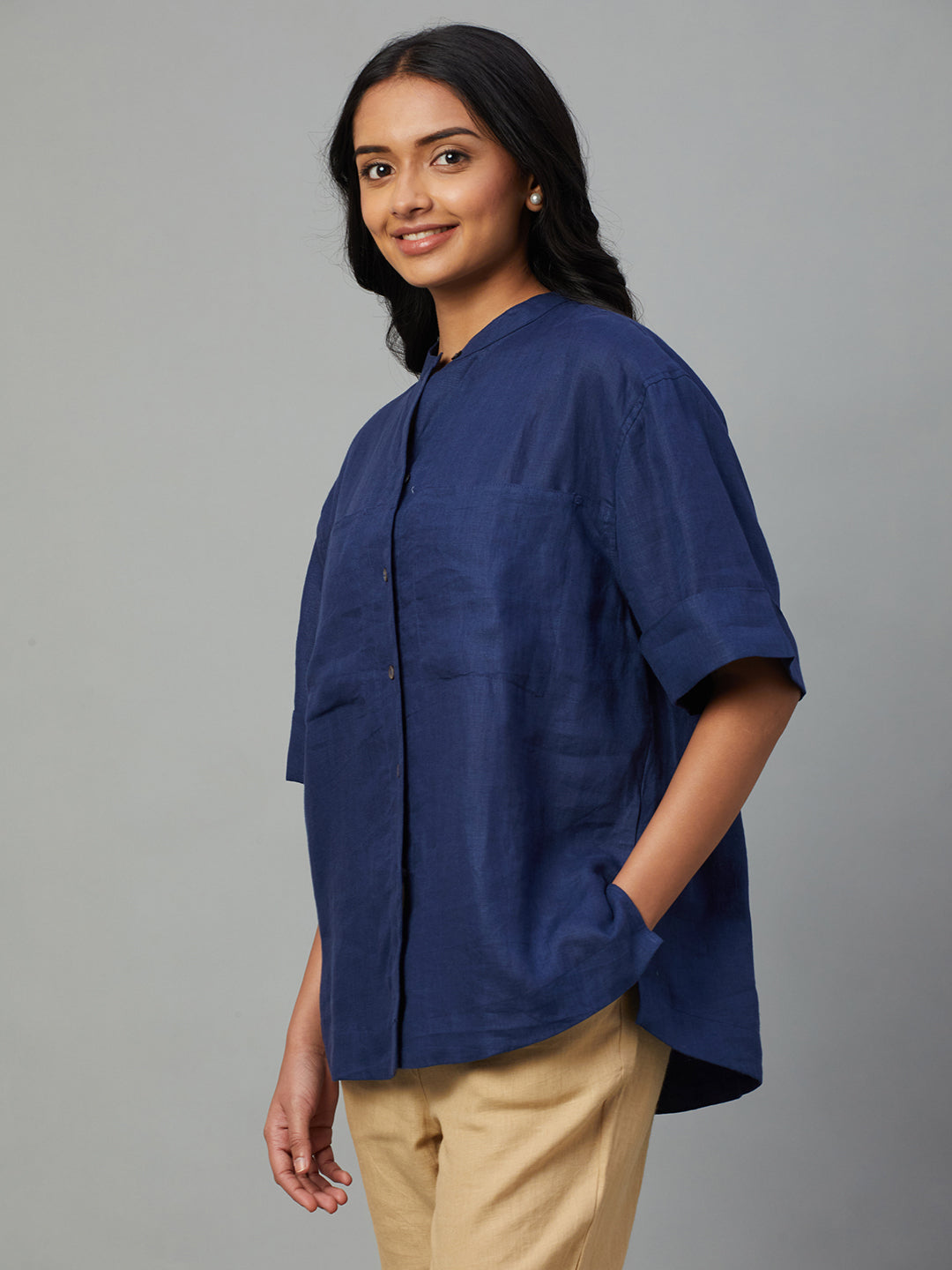Women's Blue 100% Linen Boxy Fit Blouse