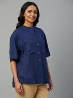 Women's Blue 100% Linen Boxy Fit Blouse