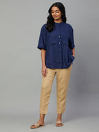 Women's Blue 100% Linen Boxy Fit Blouse