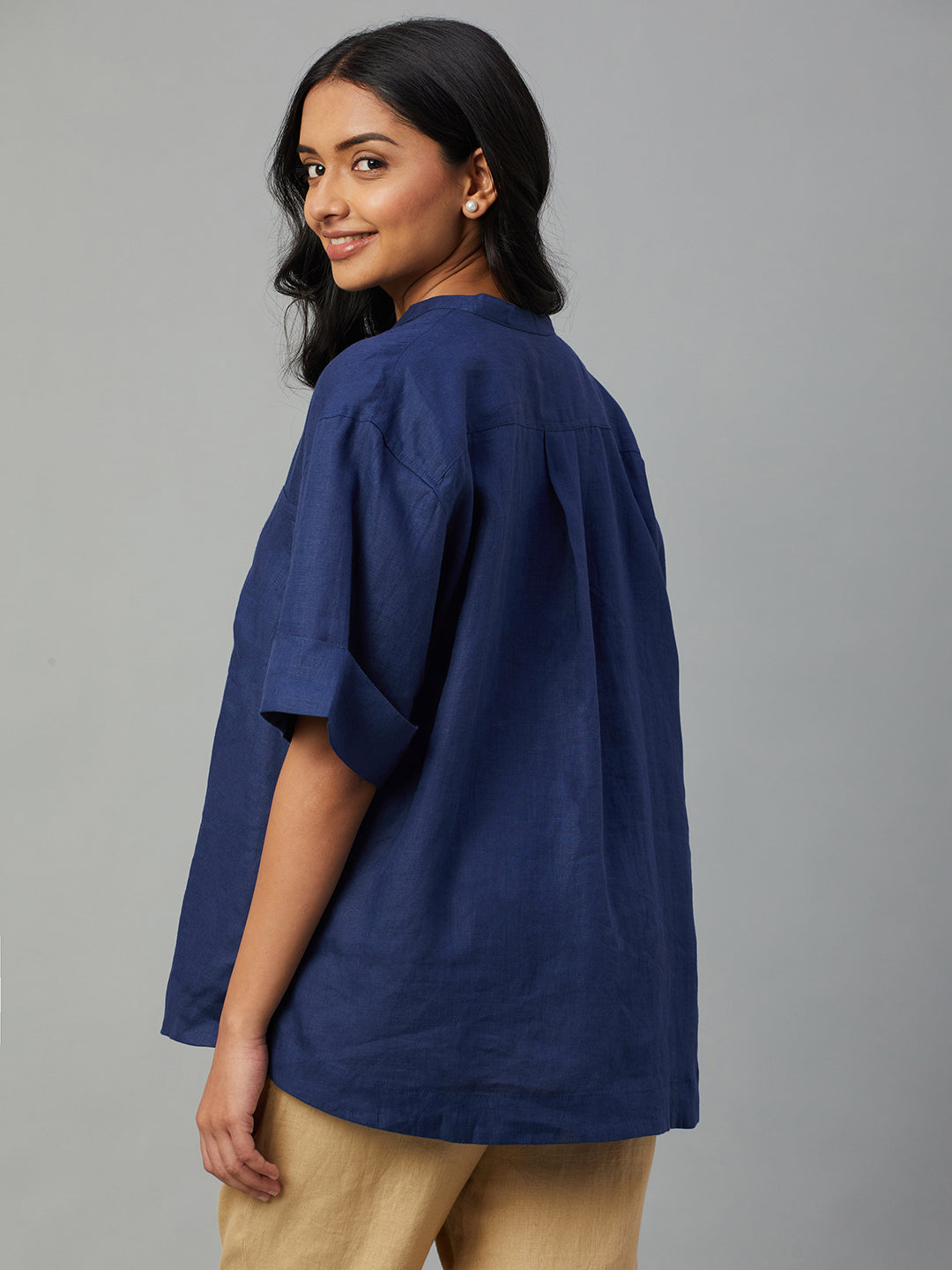 Women's Blue 100% Linen Boxy Fit Blouse