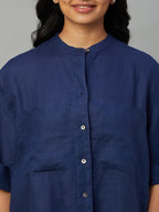 Women's Blue 100% Linen Boxy Fit Blouse