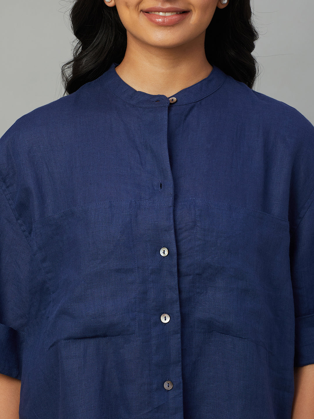 Women's Blue 100% Linen Boxy Fit Blouse