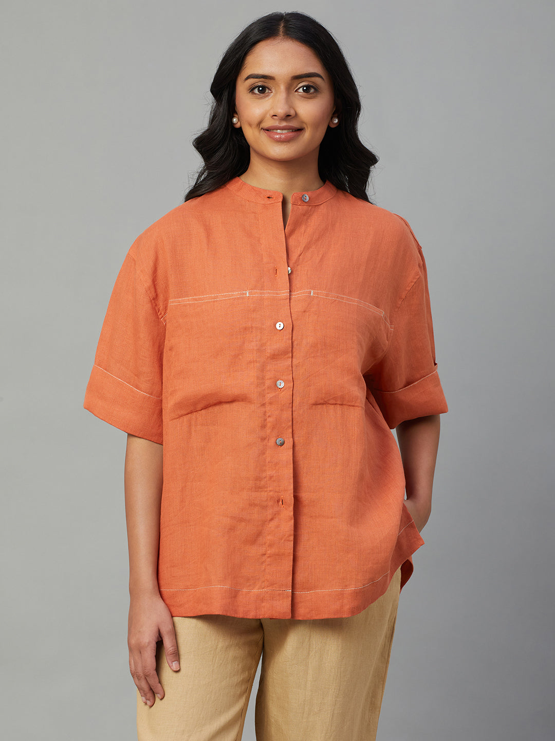 Women's Coral 100% Linen Boxy Fit Blouse