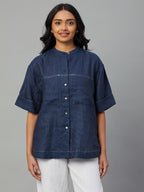 Women's Navy 100% Linen Boxy Fit Blouse