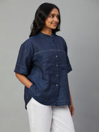 Women's Navy 100% Linen Boxy Fit Blouse
