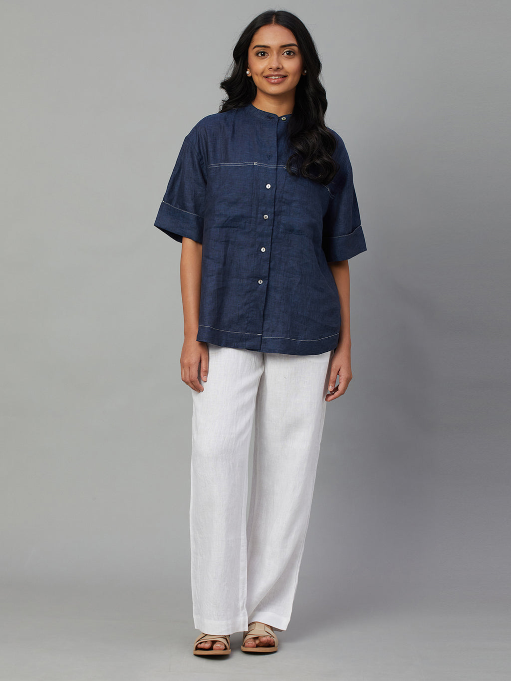 Women's Navy 100% Linen Boxy Fit Blouse