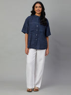 Women's Navy 100% Linen Boxy Fit Blouse