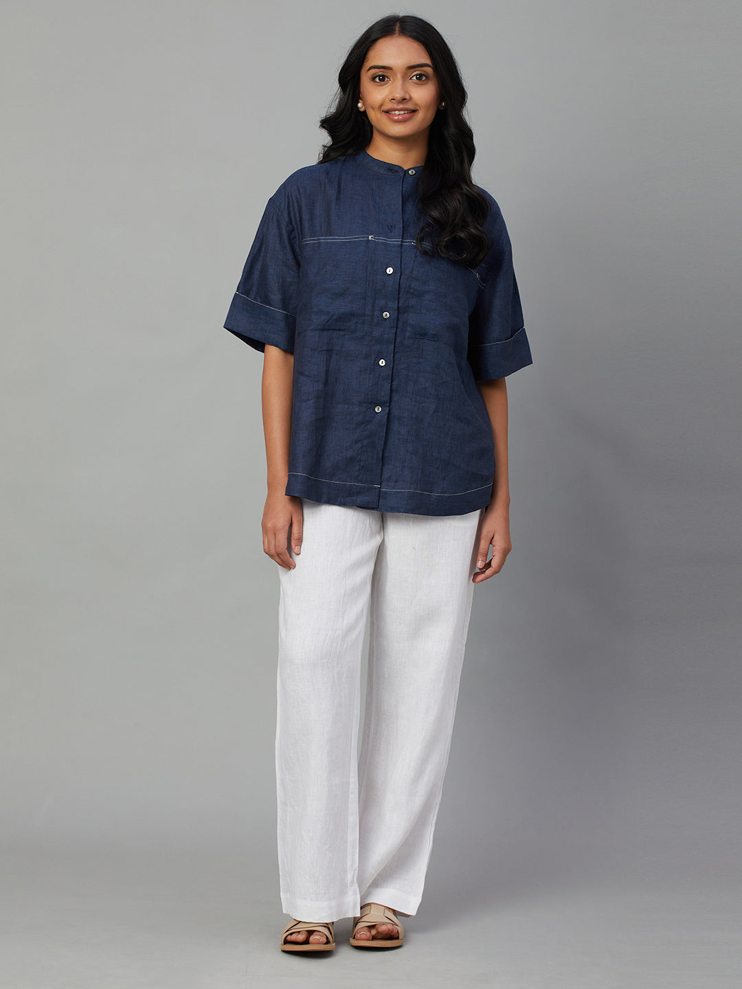 Women's Navy 100% Linen Boxy Fit Blouse
