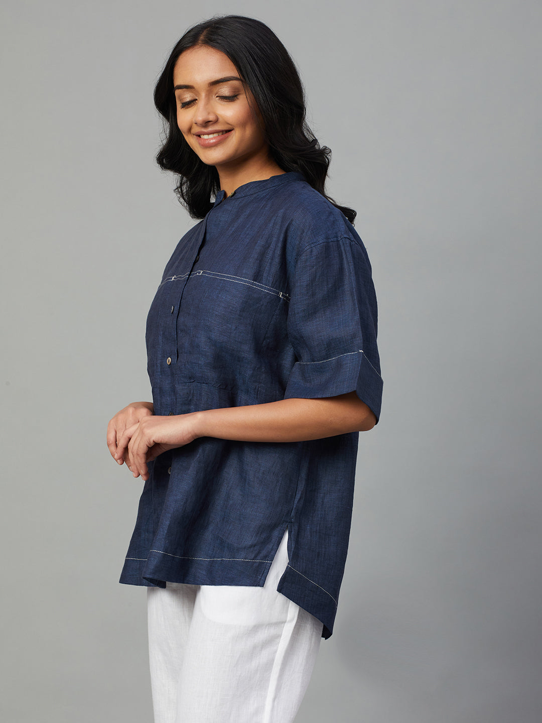Women's Navy 100% Linen Boxy Fit Blouse