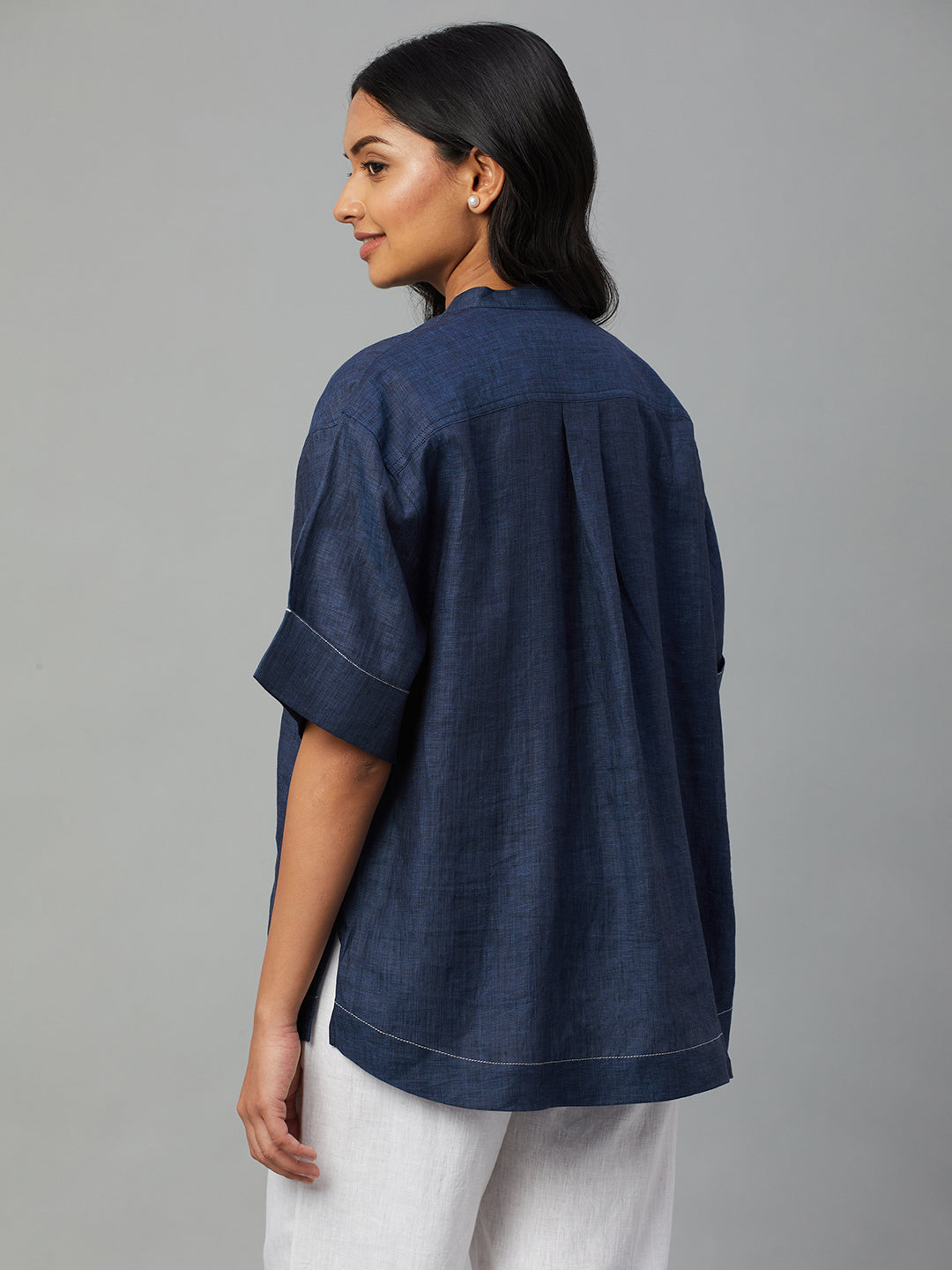 Women's Navy 100% Linen Boxy Fit Blouse