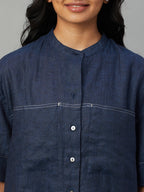 Women's Navy 100% Linen Boxy Fit Blouse